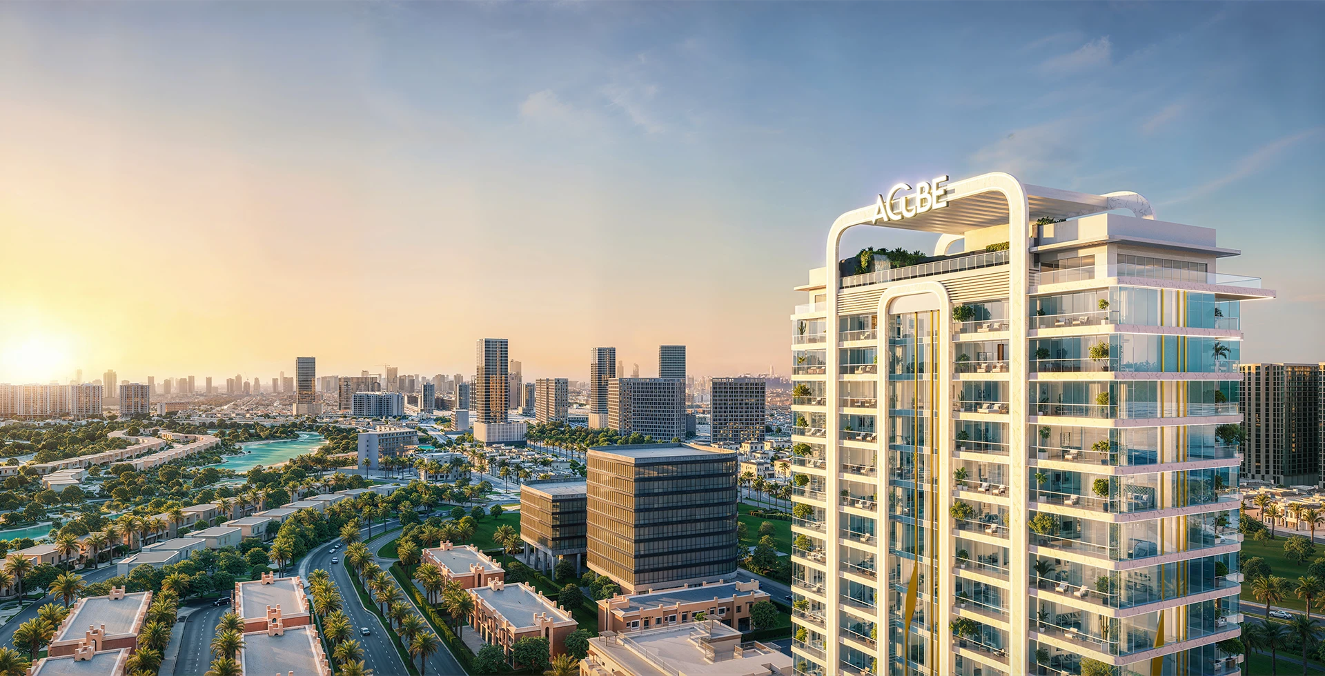 vega by acube developments facade in dubai sports city with golf course views