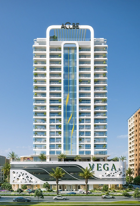 Exterior render of Vega by Acube Developments in Dubai Sports City